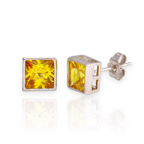 Silver 925 Rhodium Plated Square Yellow CZ Stud Earrings (Unisex)