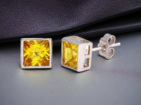 Silver 925 Rhodium Plated Square Yellow CZ Stud Earrings (Unisex)