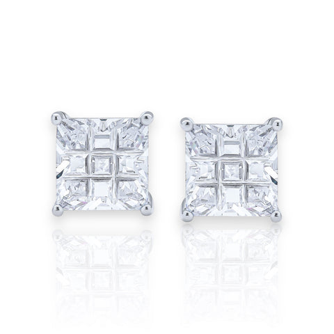 Silver 925 Square Invisible Cut Clear CZ Stud Earring (Unisex)