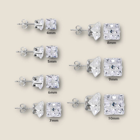 Silver 925 Square Invisible Cut Clear CZ Stud Earring (Unisex)