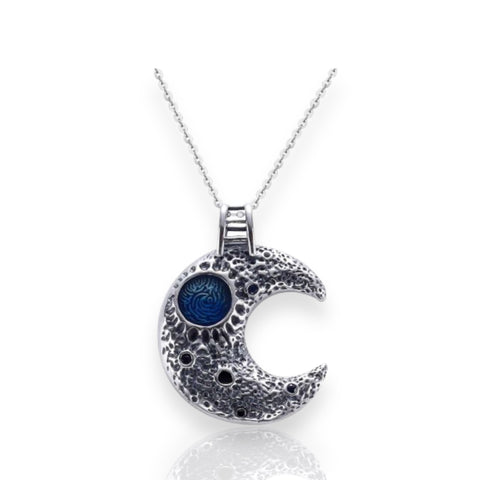 Vintage Planet Crescent Moon 925 Sterling Silver Pendant