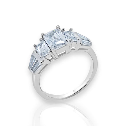 Silver 925 Rhodium Plated Clear Baguette Rectangular CZ Bridal Ring