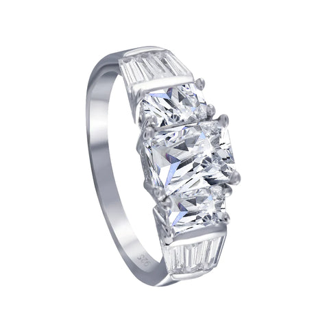 Silver 925 Rhodium Plated Clear Baguette Rectangular CZ Bridal Ring