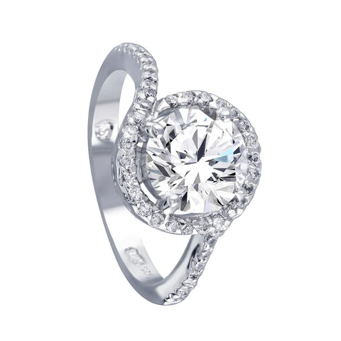 Silver 925 Rhodium Plated Clear Round Center CZ Bridal Ring