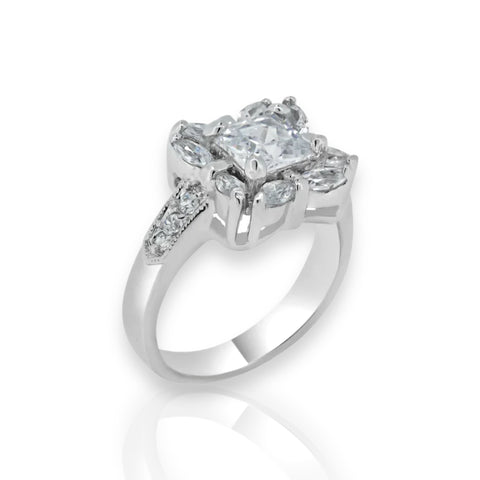 Silver 925 Rhodium Plated Clear Center CZ Square Bridal Ring