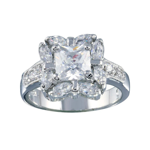 Silver 925 Rhodium Plated Clear Center CZ Square Bridal Ring