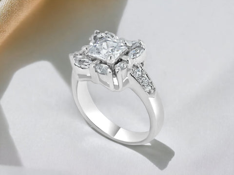 Silver 925 Rhodium Plated Clear Center CZ Square Bridal Ring