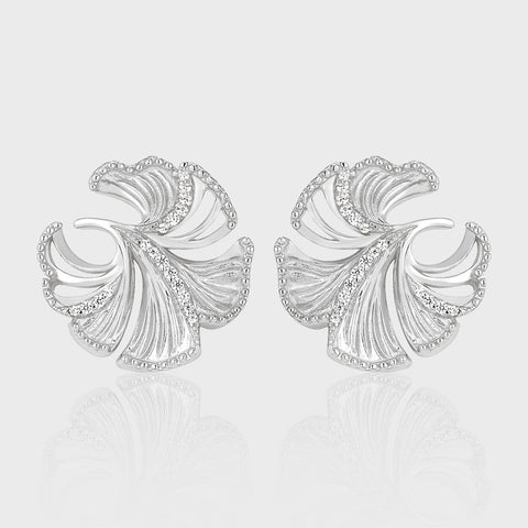 Holiday Beautiful CZ Hollow Ginkgo Leaf 925 Sterling Silver Stud Earrings