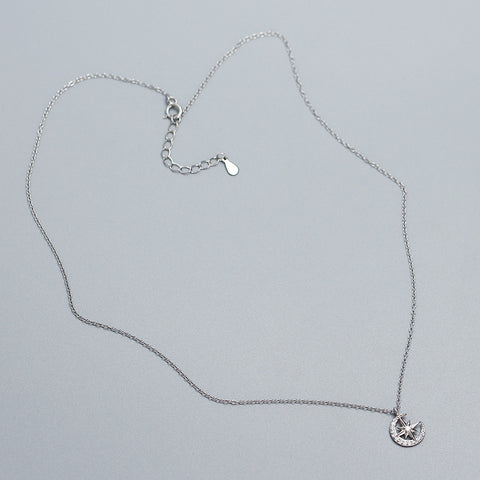 Sweet CZ Star Crescent Moon 925 Sterling Silver Necklace